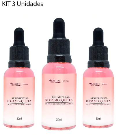 kit 3 O Sérum Facial Rosa Mosqueta Max Love foi desenvolvido para promover hidratação e regeneração da pele, além de exercer um efeito anti-inflamatório e antioxidante.