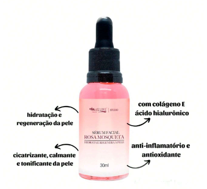 kit 3 O Sérum Facial Rosa Mosqueta Max Love foi desenvolvido para promover hidratação e regeneração da pele, além de exercer um efeito anti-inflamatório e antioxidante.